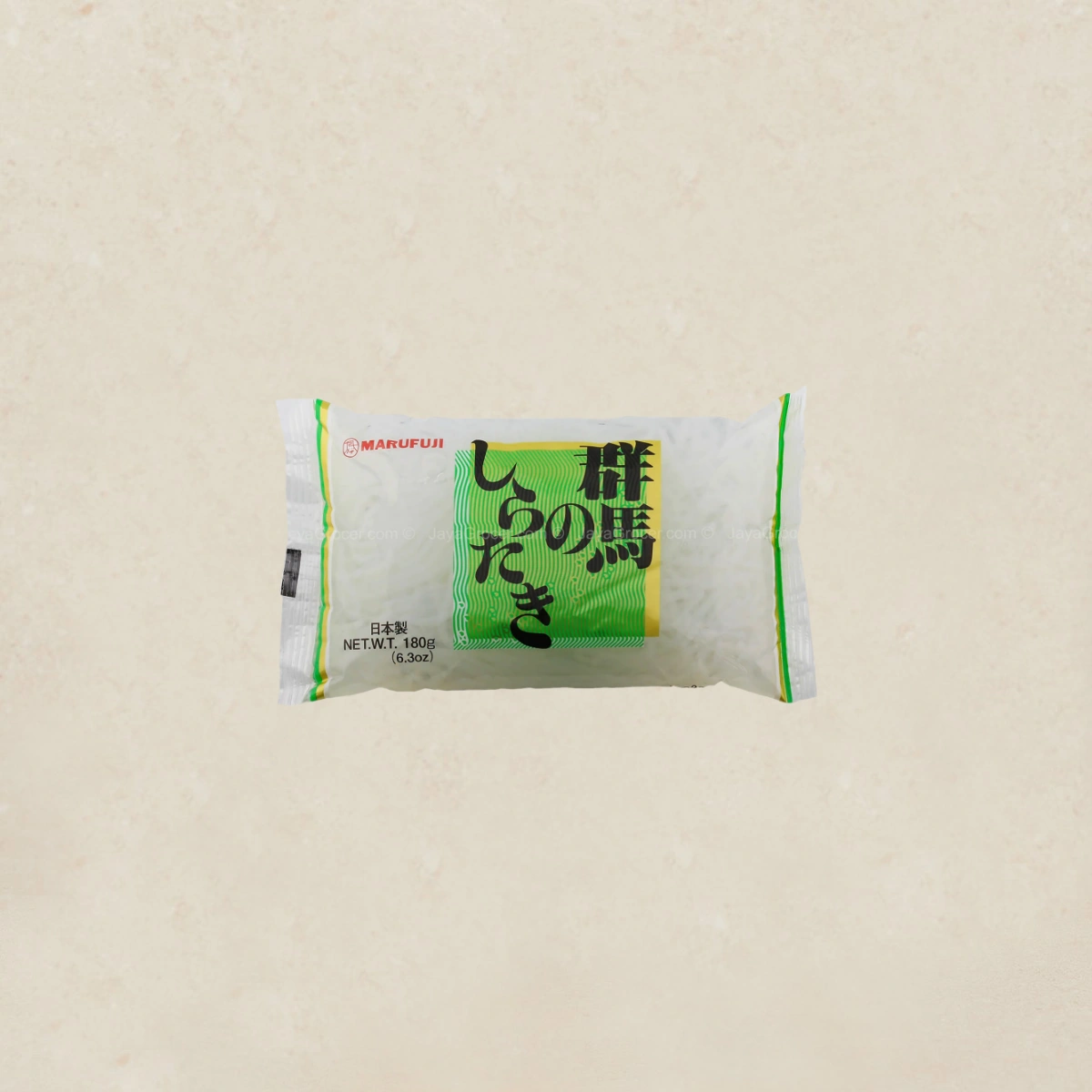 MARUFUJI Shirataki Noodle Packaged Japanese snack with a bright green label and black Japanese characters on a light background.