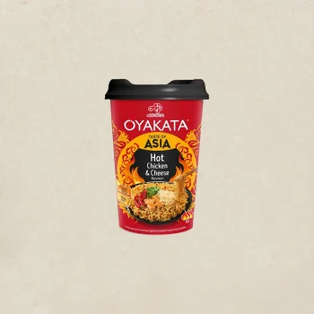 Oyakata Hot Chicken & Cheese flavored instant noodles cup with red packaging and flame design.