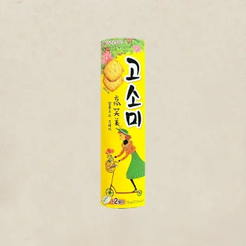 Korean snack box with bright yellow packaging showing two crackers and a girl on a scooter, decorative floral top, product branding in Korean text (informational packaging image).