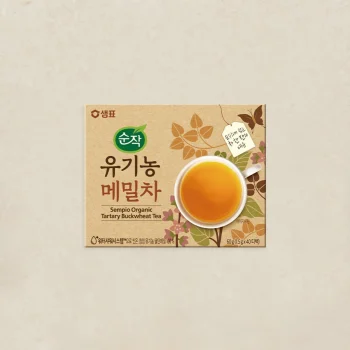 Box of Sempio Organic Tartary Buckwheat Tea with a cup of amber tea and plant motifs on a beige carton.