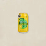 Bright yellow can of Sparkling Calamansi drink with lime slices and leaves, centered on a light textured background.