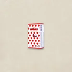 Meiji UpRoll strawberry chocolate box with a red strawberry print pattern on a light beige background.