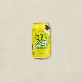 Yellow can of Sparkling Melon beverage with Korean text, centered on a light beige background.