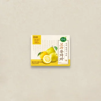 Korean citron tea box with lemons on a beige background, label reads 모과유자차 and 100% domestic ingredients (Sampyo/순작 logo).