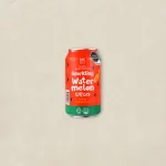 Bright red and green can of Sparkling Watermelon drink centered on a beige background.