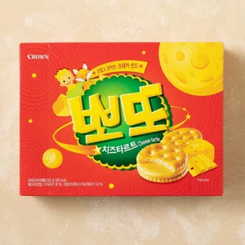 Bright red Crown Cheese Tart box with a large yellow logo, cheese slices, and a cheese tart image on the right side.
