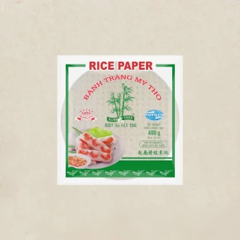 Rice paper package labeled RICE PAPER with a green border, bamboo image, and a plate of fresh rolls shown on the label (400 g).