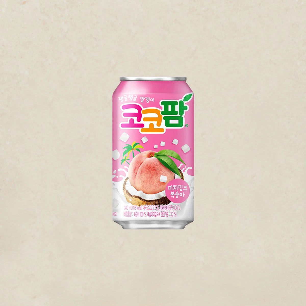 Haitai Coco Palm Juice Peach 코코팜피치 340ml Pink can of Korean peach-flavored soft drink with peaches and ice cubes on the label, set against a light pink background.