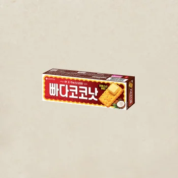 Korean Lotte cookie box with red and yellow design, showing a butter-flavored cracker and a coconut illustration on the right side