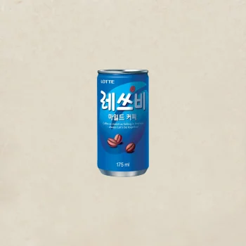 Blue can of Lotte coffee with Korean text and coffee bean illustrations; 175 ml can against a beige background.