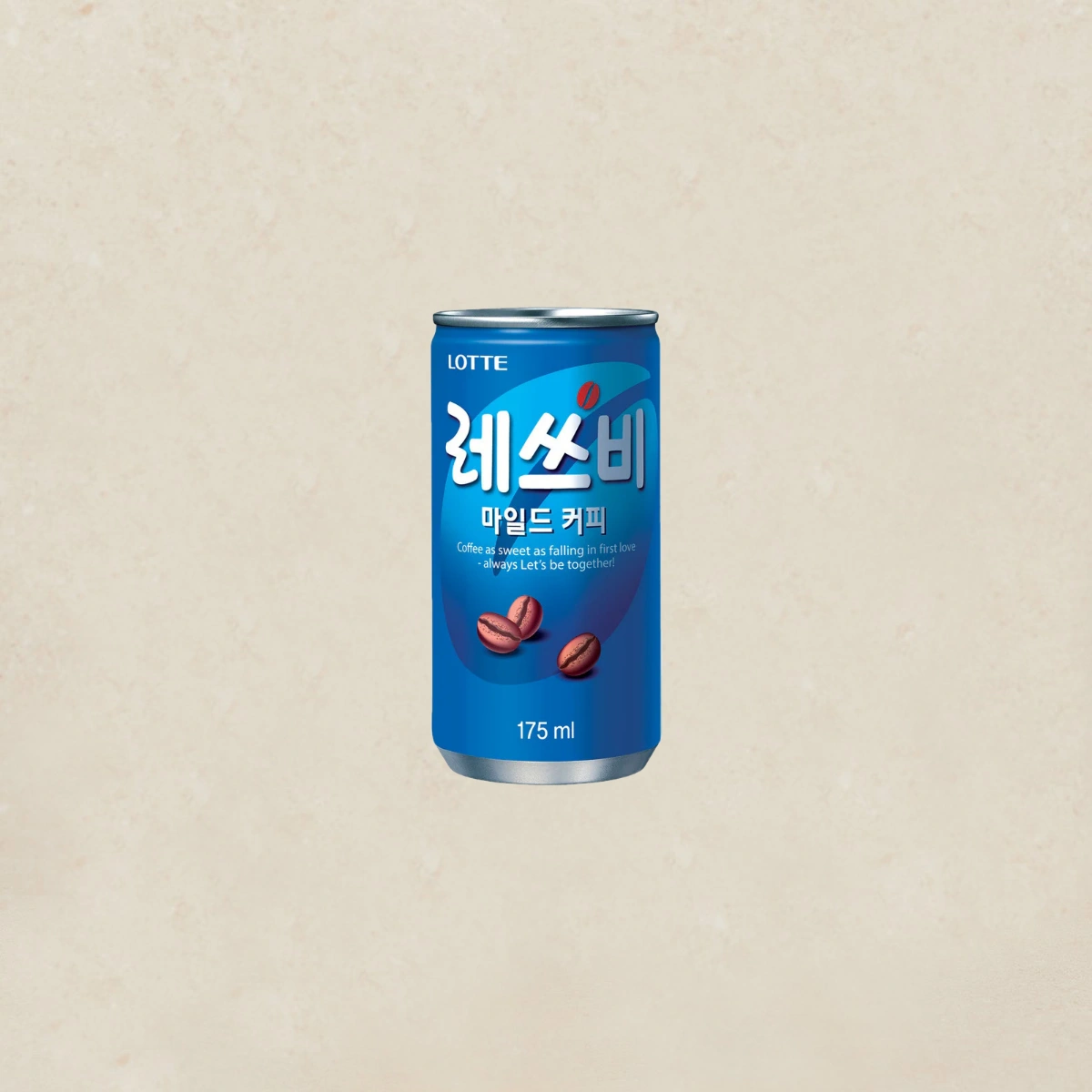 LOTTE Let's Be Mild Coffee 레쓰비 마일드 Blue can of Lotte coffee with Korean text and coffee bean illustrations; 175 ml can against a beige background.