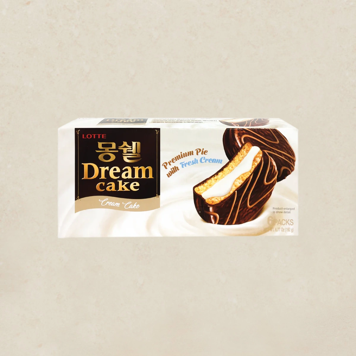LOTTE Mongcher Cream Cake 몽쉘크림 6packs Lotte Dream Cake packaging showing cream cake, chocolate-covered roll image on the right and 'Dream Cake' label on the left