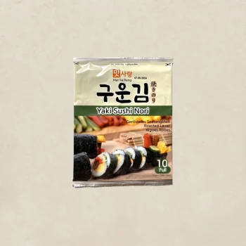 Pack of Yaki Sushi Nori (roasted seaweed sheets) with image of sushi rolls on front; 10 full sheets included.