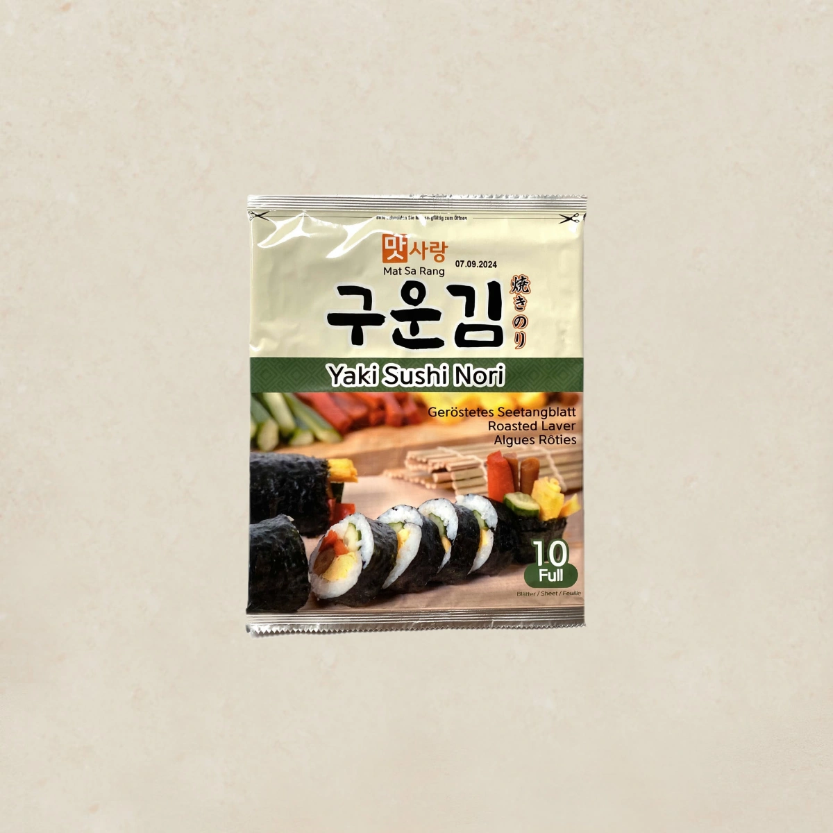 MATSARANG Seaweed for Kimbap 10 shts 김밥김 Pack of Yaki Sushi Nori (roasted seaweed sheets) with image of sushi rolls on front; 10 full sheets included.