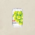 Aluminum can of OKF Sparkling Grape drink with a label showing clusters of green grapes on a beige background