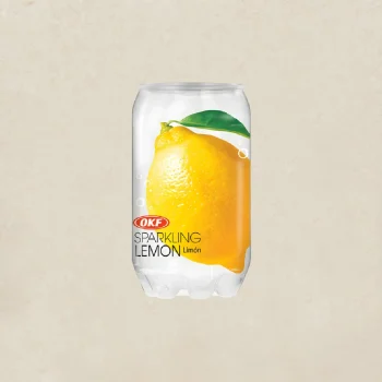 Can of OKF Sparkling Lemon with a bright yellow lemon graphic and bubbles on the label.