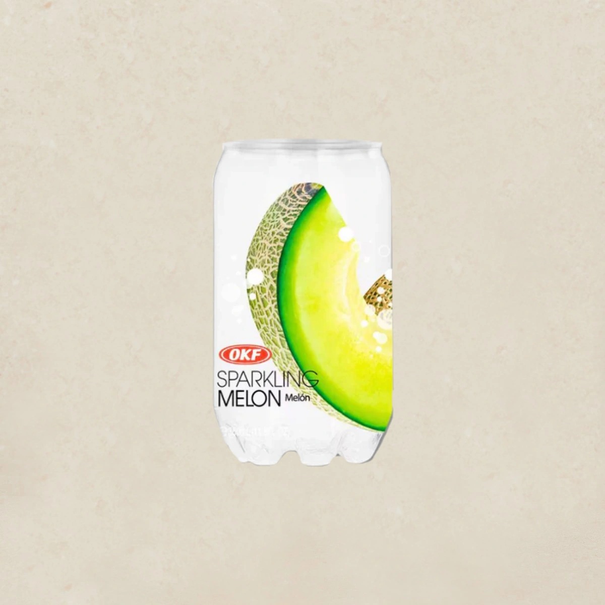OKF Sparkling Melon 스파클링 메론 Can of OKF Sparkling Melon beverage with a large melon slice graphic on a white can in the center of the image.