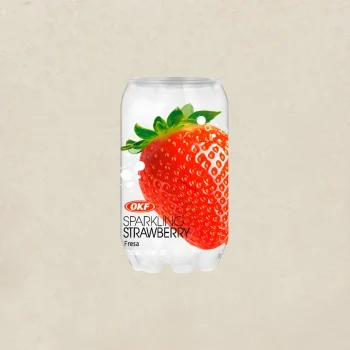 Can of OKF Sparkling Strawberry beverage with a large strawberry image on the label, front view
