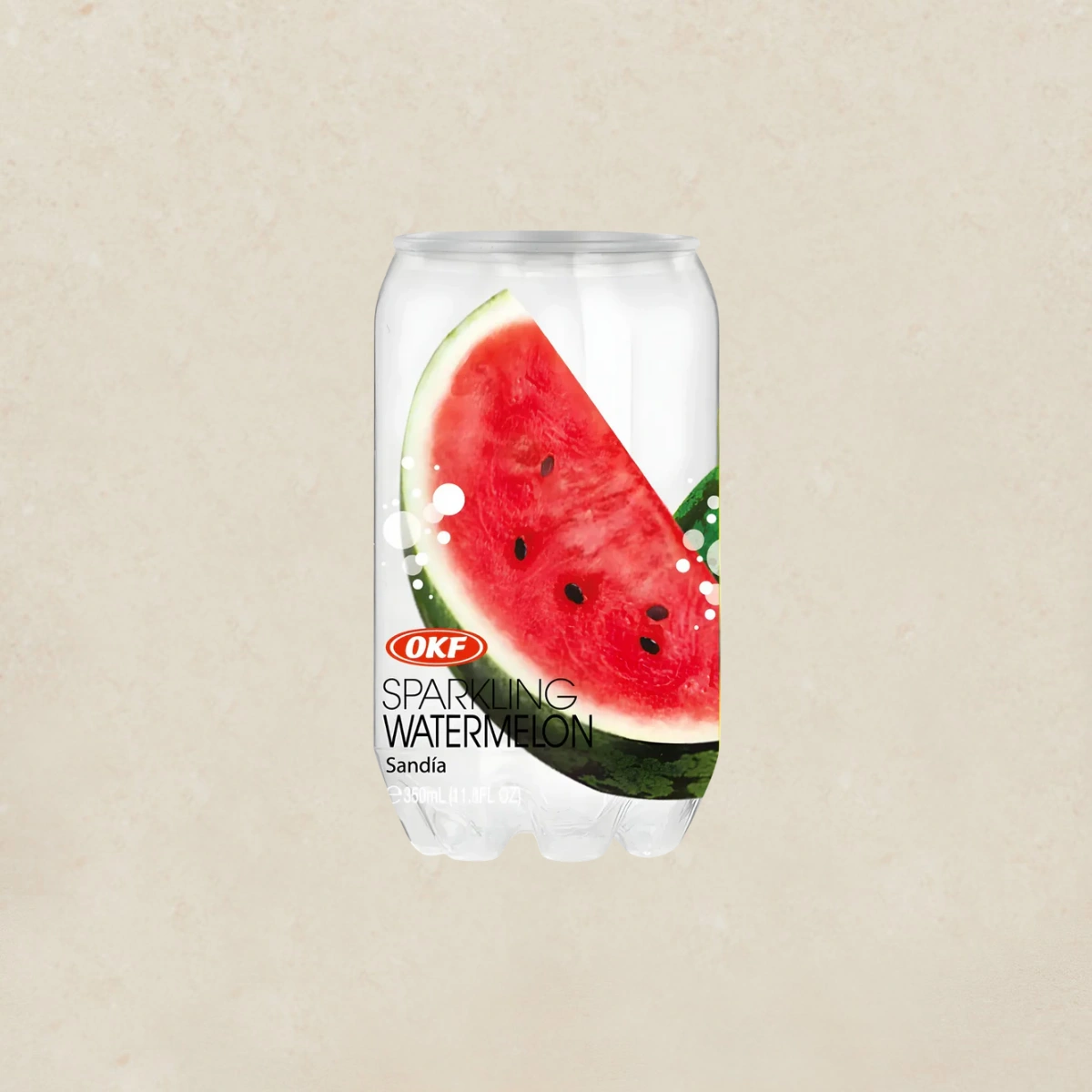 OKF Sparkling Watermelon 스파클링 수박 Can of OKF Sparkling Watermelon soda flavor (Sandía) with a large watermelon graphic on the label