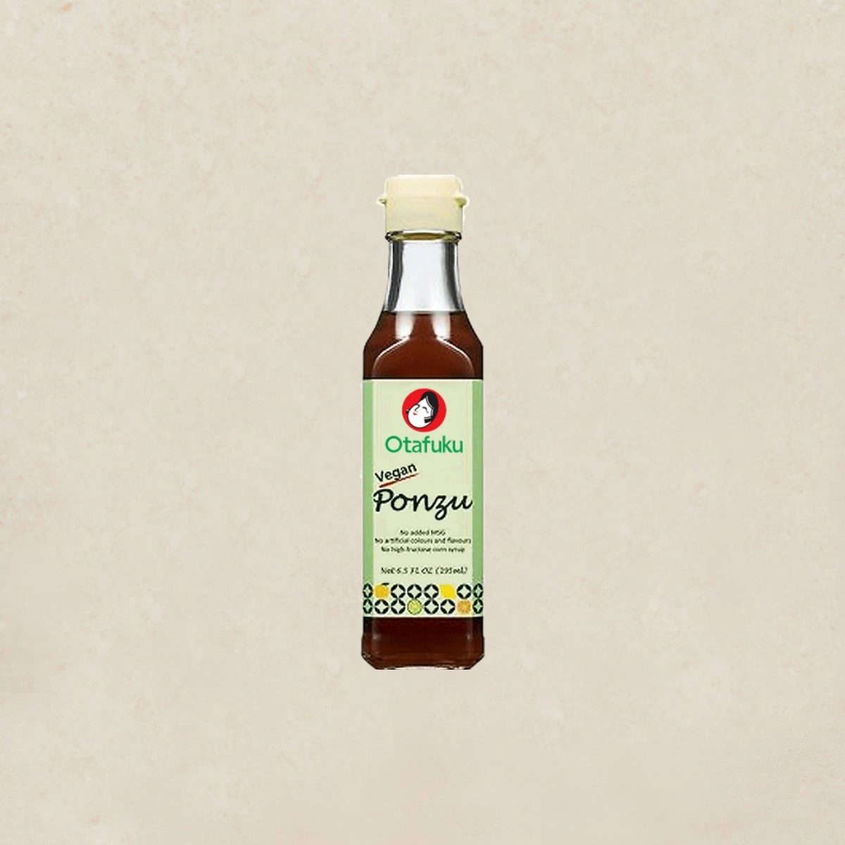 OTAFUKU Ponzu Sauce 폰즈소스 195ml Bottle of Otafuku vegan ponzu sauce with a light-colored cap, centered on a beige textured background, label reads 'Otafuku' and 'Ponzu' on a green panel, product photo.