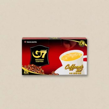Box of G7 instant coffee mix with a cup of coffee on the packaging, red and black design, 20 sachets included