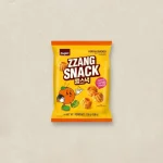 Bright yellow bag of ZZANG SNACK Korean crackers with a cartoon mascot on the front.