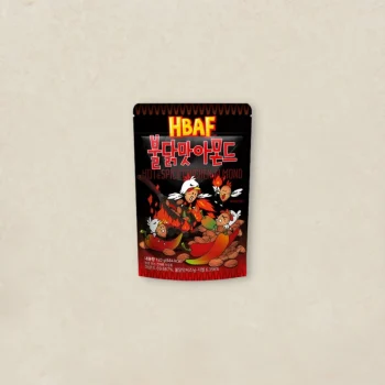 Stand-up pouch of hot and spicy chicken almond snack with cartoon chickens and flames on a black‑red package labeled HOT SPICY CHICKEN ALMOND.