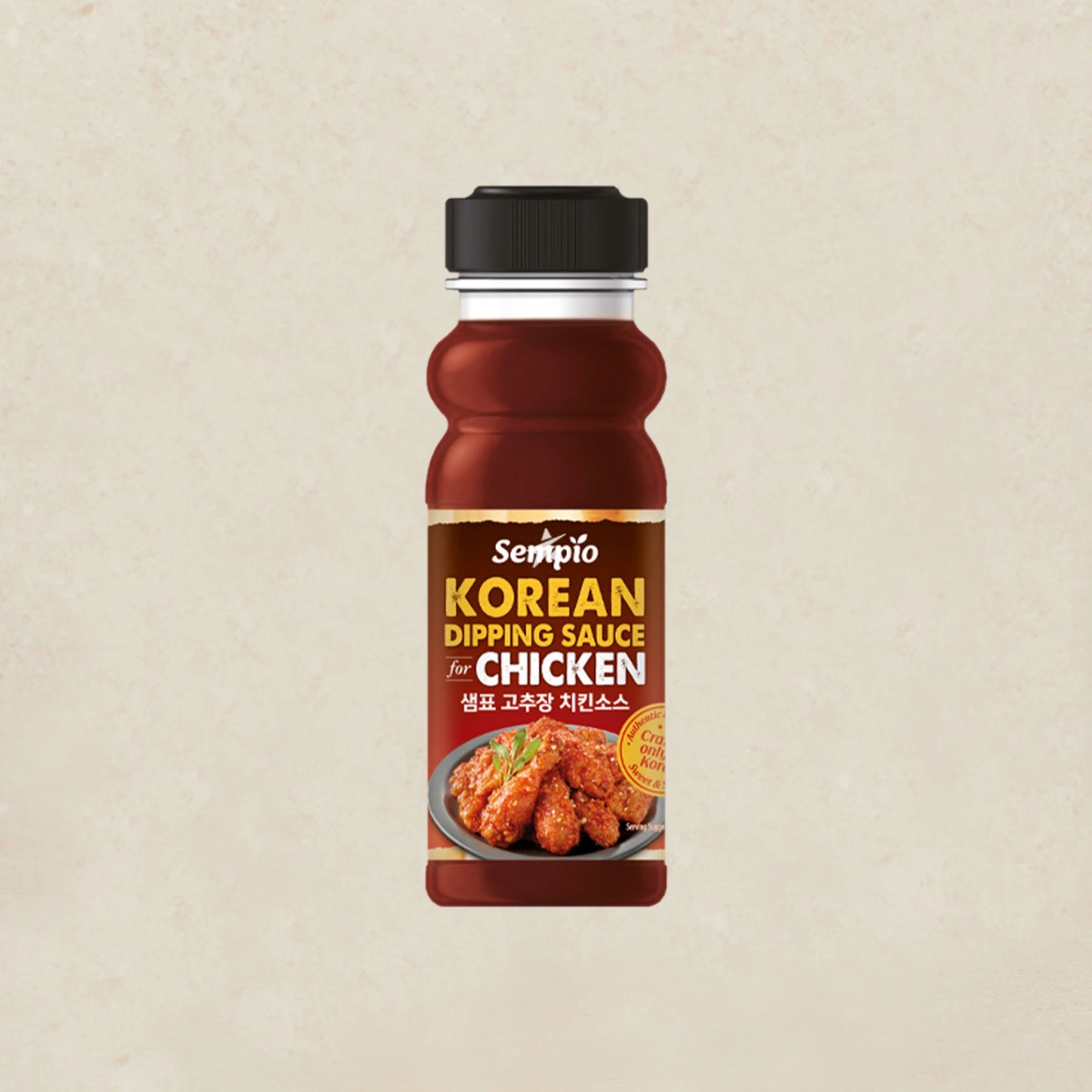 샘표 고추장 치킨소스 250ml Bottle of Sempio Korean dipping sauce for chicken, with fried chicken pictured on the label plate