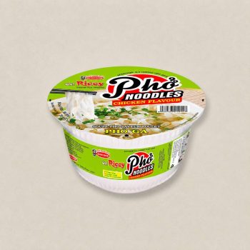 Instant pho noodles cup with green packaging and chicken flavor label reading 'Pho Noodles' and 'Chicken Flavor' on a beige background