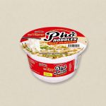 Beef-flavor Pho Noodles instant cup with red label and lid, showing noodles being lifted by chopsticks