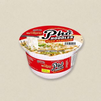 Beef-flavor Pho Noodles instant cup with red label and lid, showing noodles being lifted by chopsticks