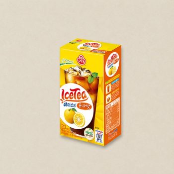 Yellow ice tea box featuring iced tea with lemon slices and Korean text on packaging; front shows lemon graphic and large Ice Tea logo.