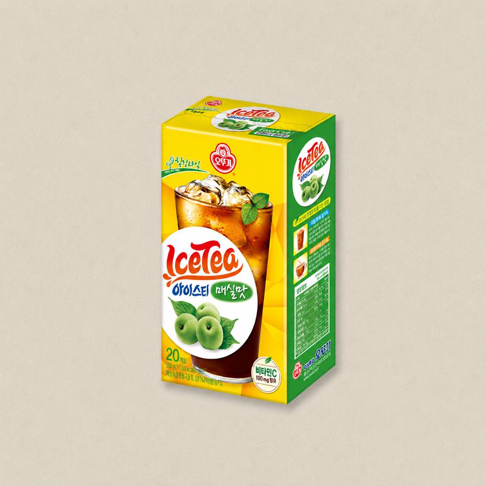 오뚜기 아이스티매실맛 Carton of Ice Tea with a glass of iced tea and green plums on the label, yellow and green packaging with Korean text