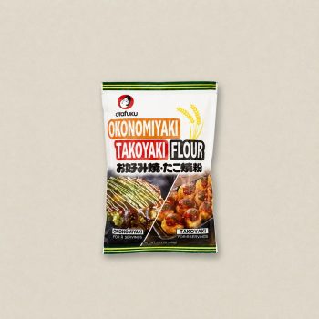 Bag of Okonomiyaki/Takoyaki flour mix with Japanese text and food images on the front, centered on a neutral background