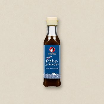Bottle of vegan poke sauce with blue label reading 'Vegan Poke Sauce' and Otafuku logo, 8.1 oz (230 g) net weight, centered on a light beige background