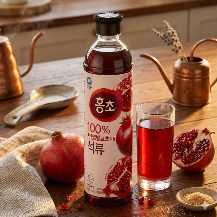 청정원 홍초 식초 Bottle of 100% pomegranate juice with sliced pomegranate images beside a glass of red juice on a wooden table, with pomegranate fruit nearby and copper kitchenware in the background