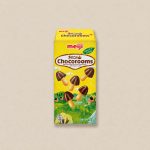 Meiji Chocorooms chocolate candy box (yellow) with mushroom-shaped biscuit pieces and ‘Sweet & Crispy’ label visible on the package, 40 g net weight edge of the image shown on a beige background.