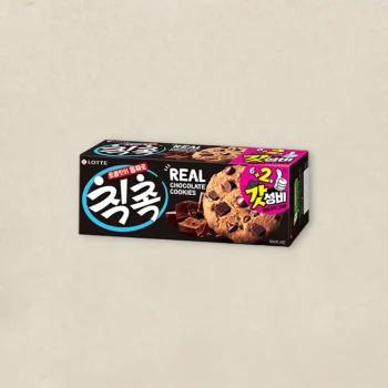 Box of Lotte Real Chocolate Cookies featuring a dark package with large blue Korean logo and chocolate chunks on the front.