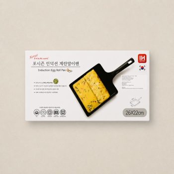 Packaging image for an Induction Egg Roll Pan (26x22 cm) showing a black square pan with rolled omelette slices on top.