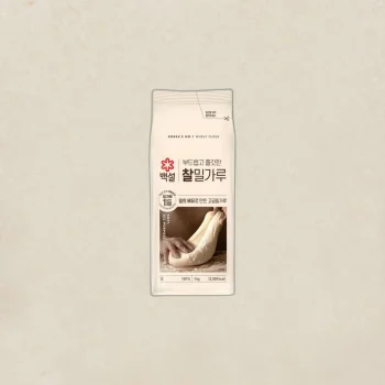 Front-facing bag of Korean flour with red logo and dough image at the bottom, centered on a light beige background.