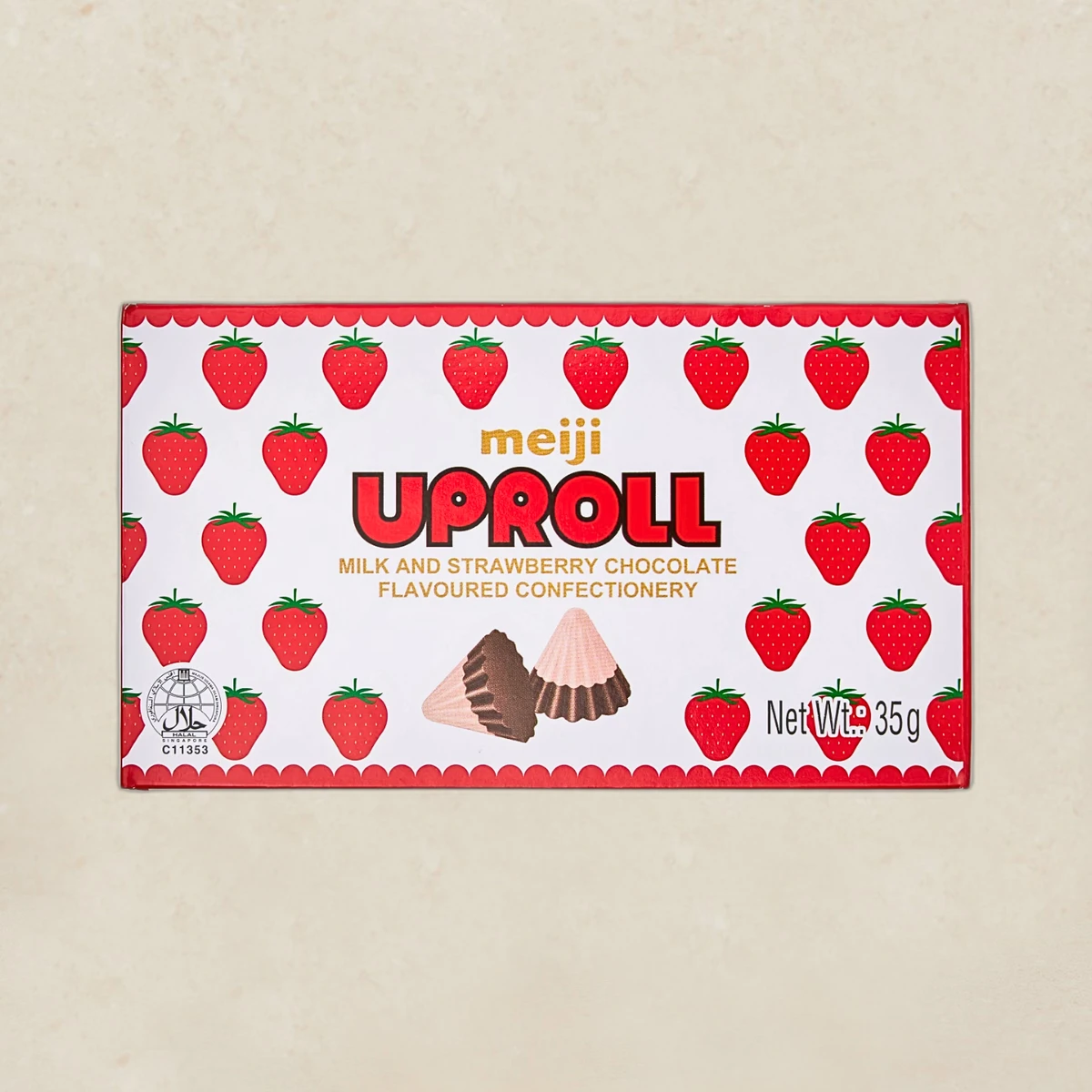 mall_ref1394_1785413230.webp Meiji Uproll milk and strawberry chocolate confectionery packaging with red strawberry pattern on white background.