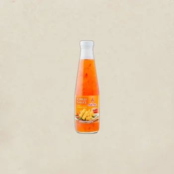 Bottle of chili sauce with orange liquid, labeled 'Chilli Sauce' and featuring a plate of spring rolls on the label.