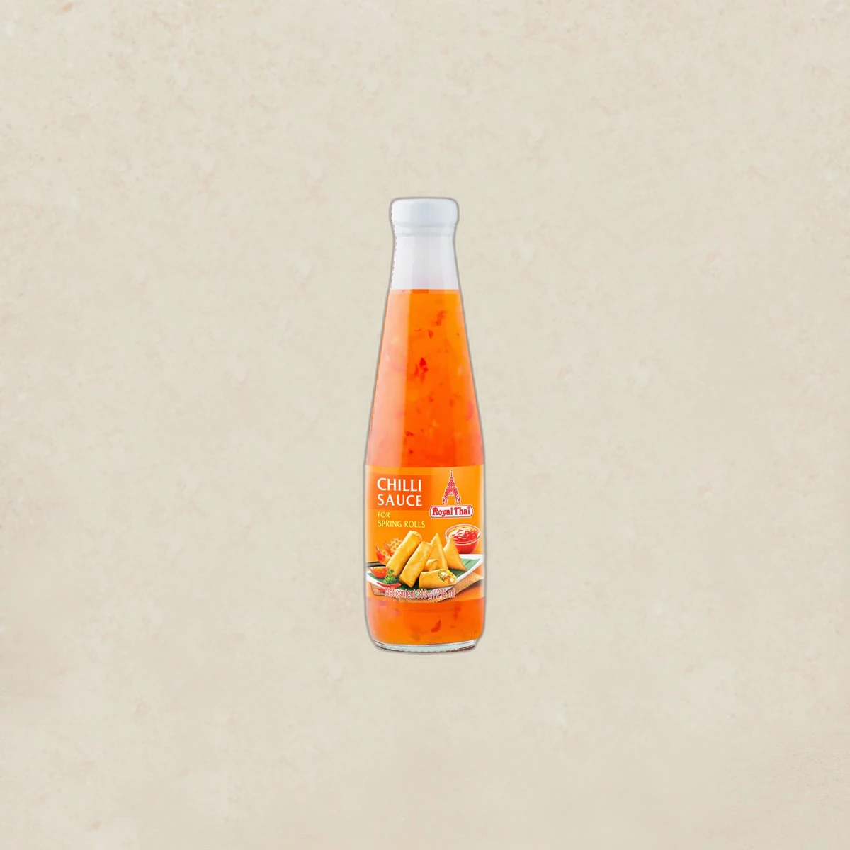 mall_ref1469_1785505970.webp Bottle of chili sauce with orange liquid, labeled 'Chilli Sauce' and featuring a plate of spring rolls on the label.
