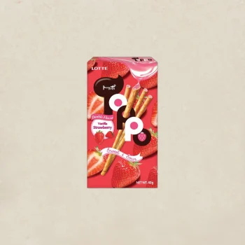 Red packaging for Lotte Toppo strawberry-vanilla snack, with biscuit sticks and strawberry imagery on a pink background