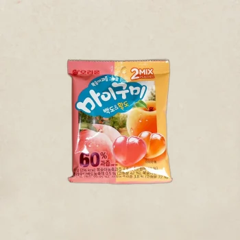 Korean fruit juice snack pouch with peach imagery and blue label, 60% juice stated on front