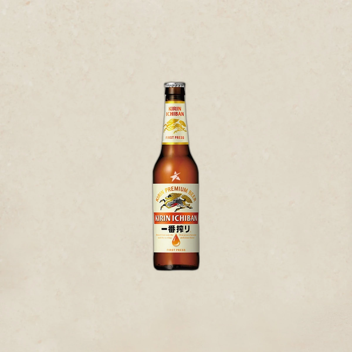 mall_ref41_1784988057.webp Bottle of Kirin Ichiban beer centered on a light beige background