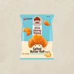 Front view of a blue bag labeled Salted Butter Roll Snack by Nongshim Bakery Snack, with a cute cartoon face and croissant-shaped bites imagery.