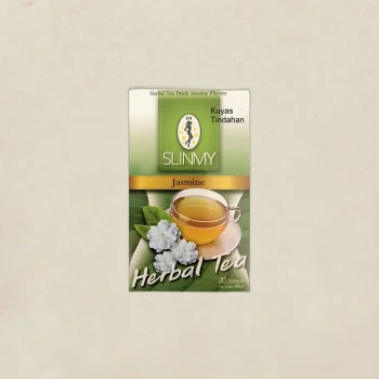 Box of SLINMY Jasmine Herbal Tea with a steaming cup of tea and white jasmine flowers on the lower half, set against a green background.