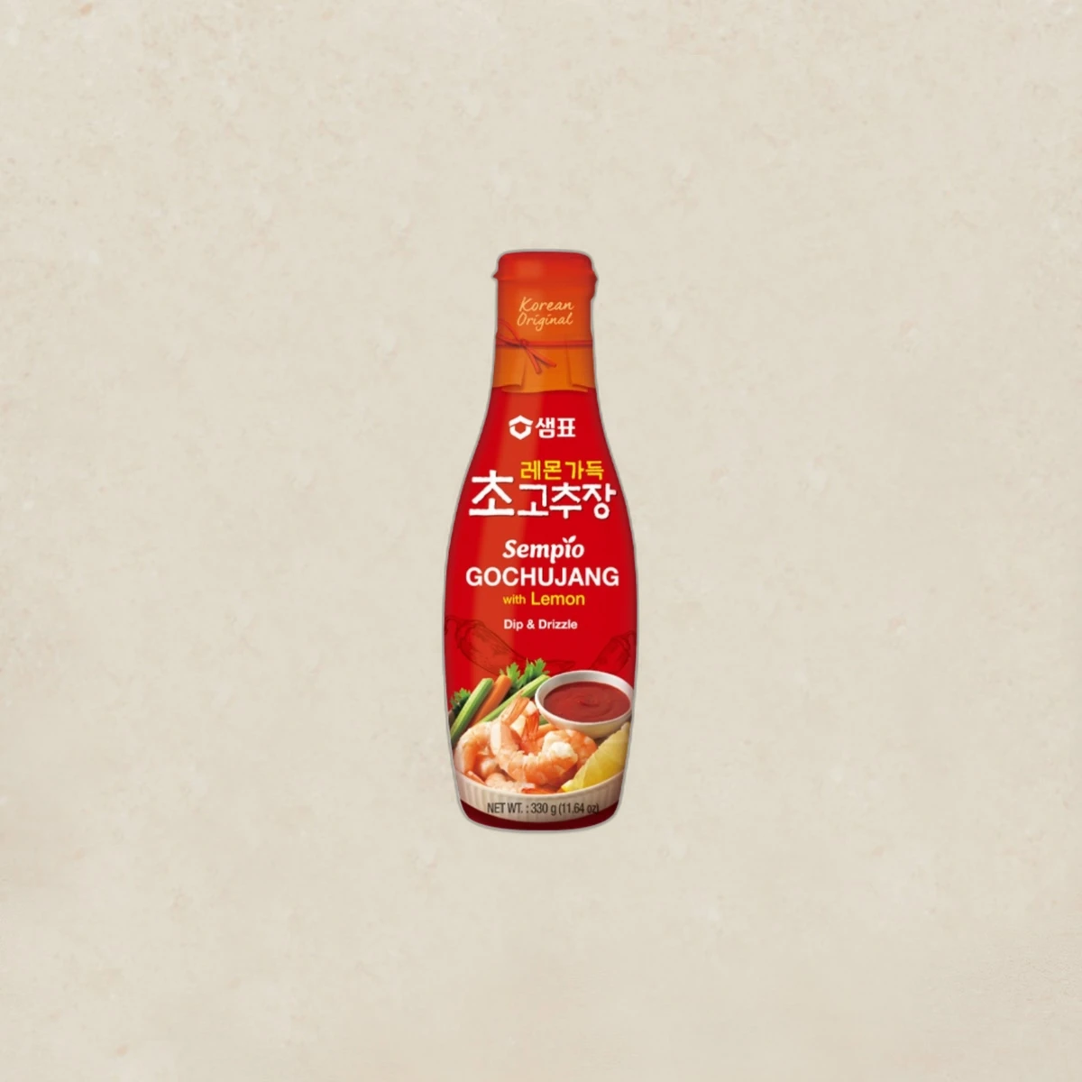 mall_ref1592_1786964426.webp Bottle of Sempio Gochujang chili paste with lemon, red label, displayed against a light background