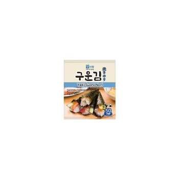 Roasted seaweed sheets package labeled 'Yaki Sushi Nori' with showing sushi rolls on the cover (50 sheets)